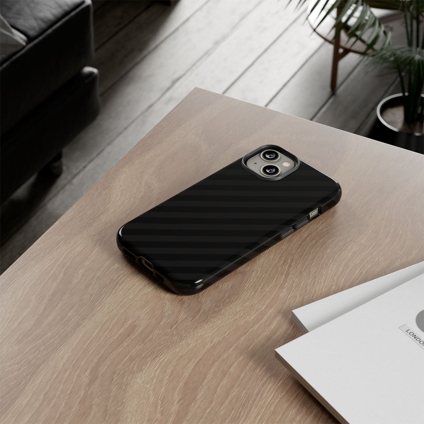 Phone Case, Black Diagonal Pattern Tough Gloss Finish Protective Cover, iPhone, Samsung, Google Pixel, Unique Geometric Design, Gift