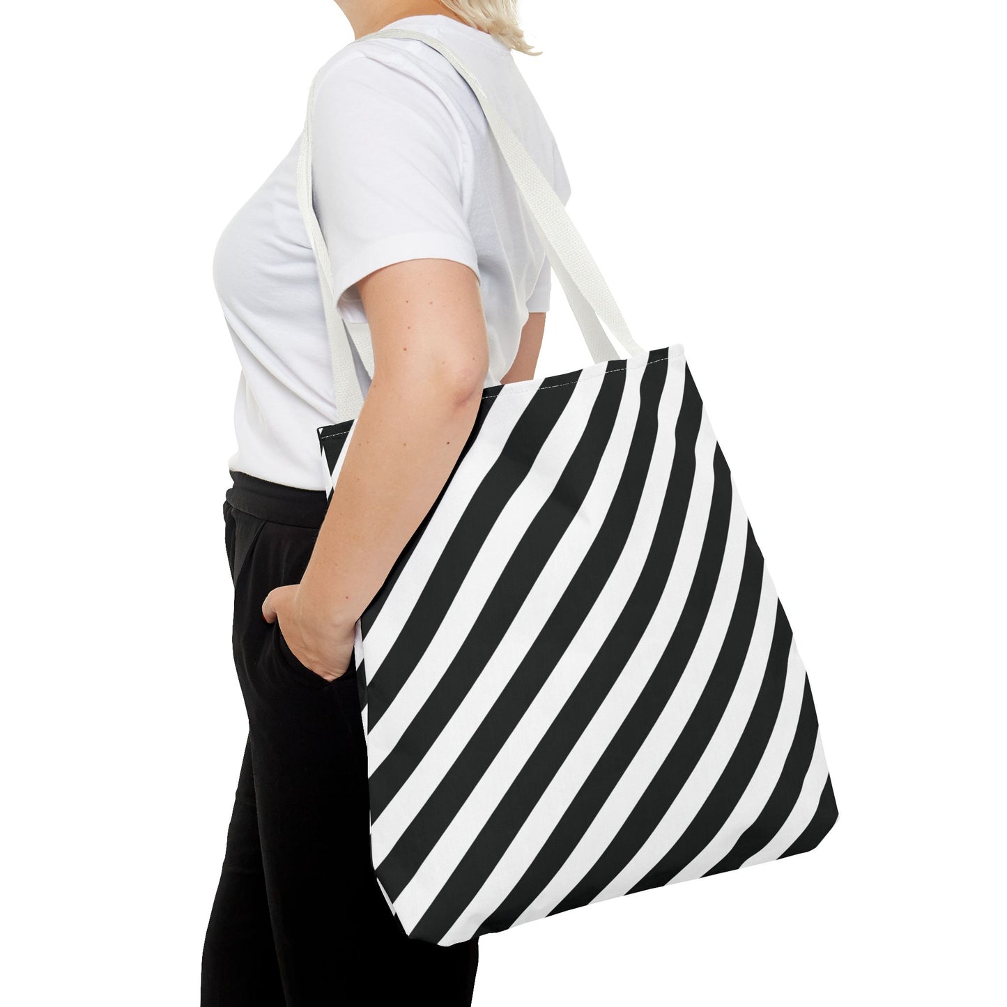 Black and White Diagonal Striped Tote Bag