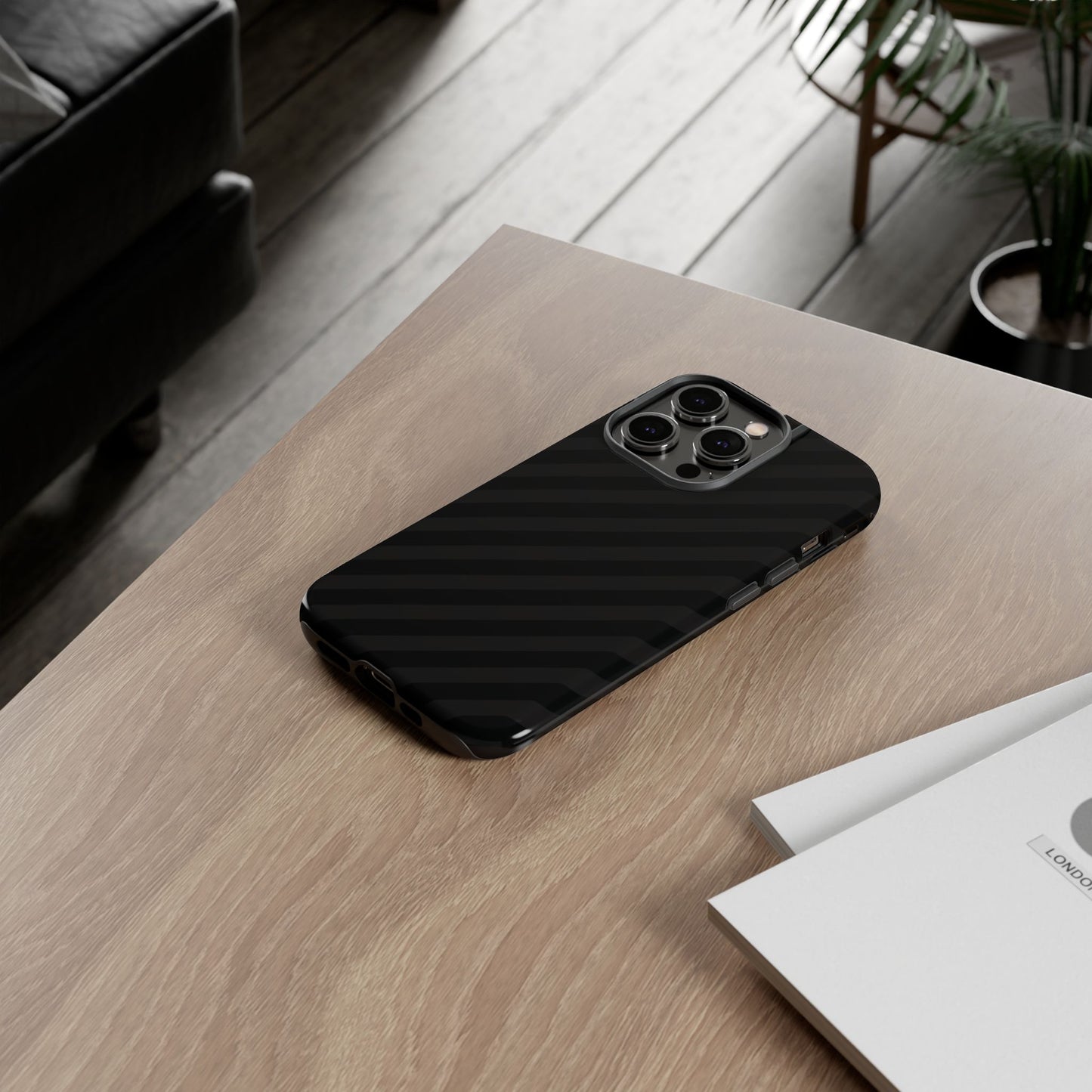 Phone Case, Black Diagonal Pattern Tough Gloss Finish Protective Cover, iPhone, Samsung, Google Pixel, Unique Geometric Design, Gift