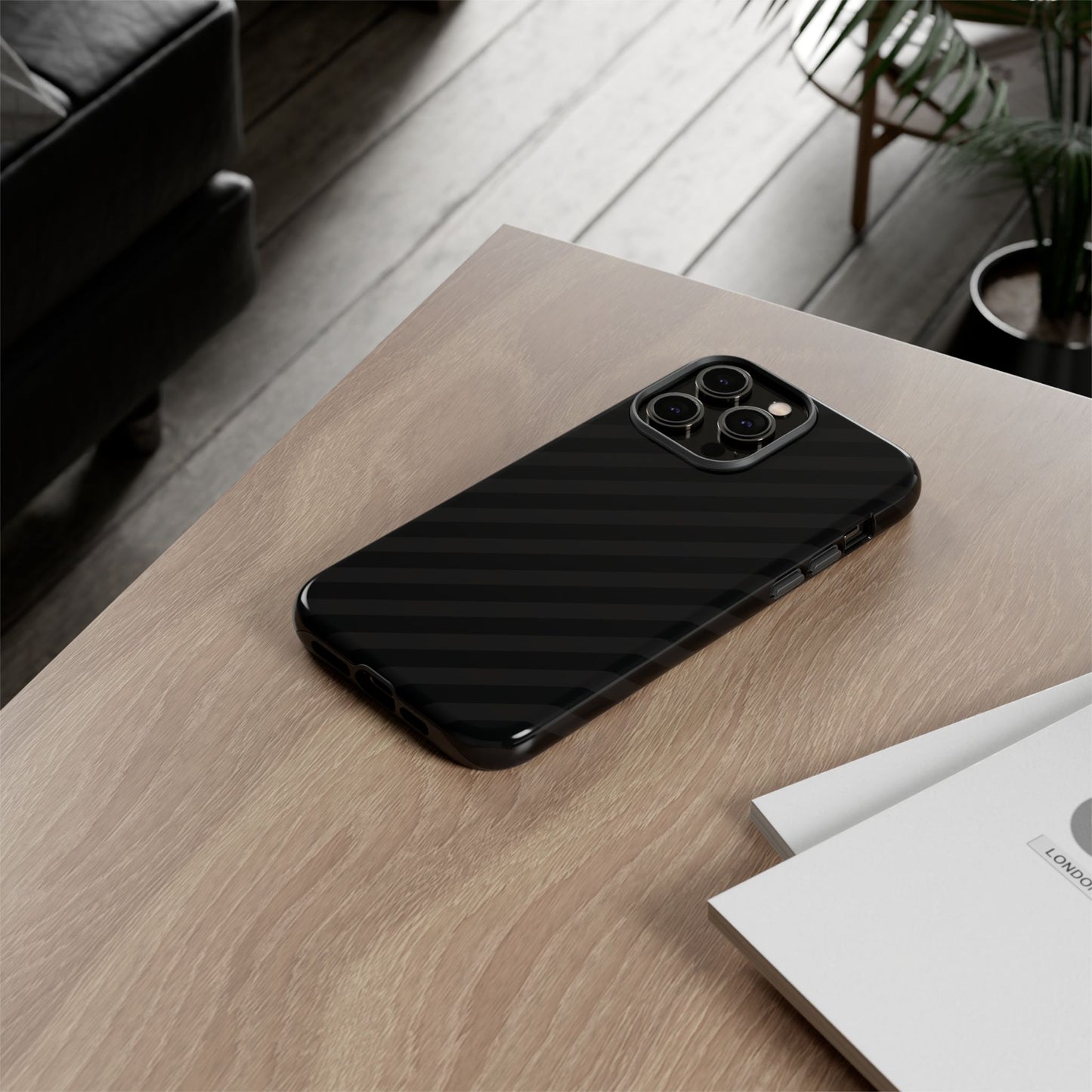 Phone Case, Black Diagonal Pattern Tough Gloss Finish Protective Cover, iPhone, Samsung, Google Pixel, Unique Geometric Design, Gift