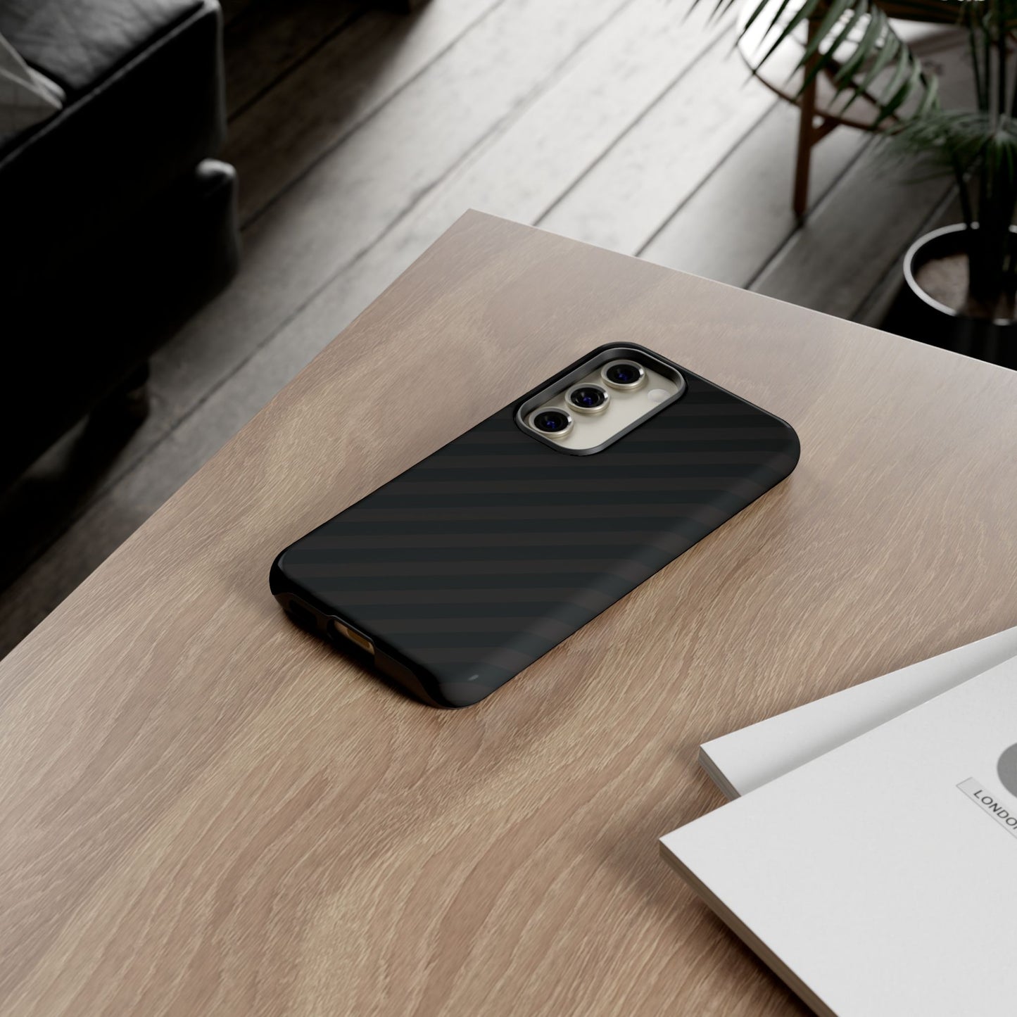 Phone Case, Black Diagonal Pattern Tough Gloss Finish Protective Cover, iPhone, Samsung, Google Pixel, Unique Geometric Design, Gift