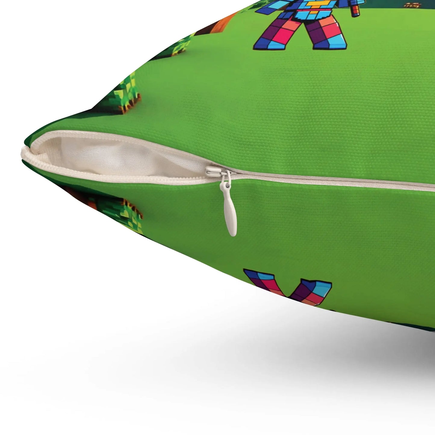 Vibrant green blocks adventure square pillow with playful minecraft-style robot and colorful pixelated blocks design