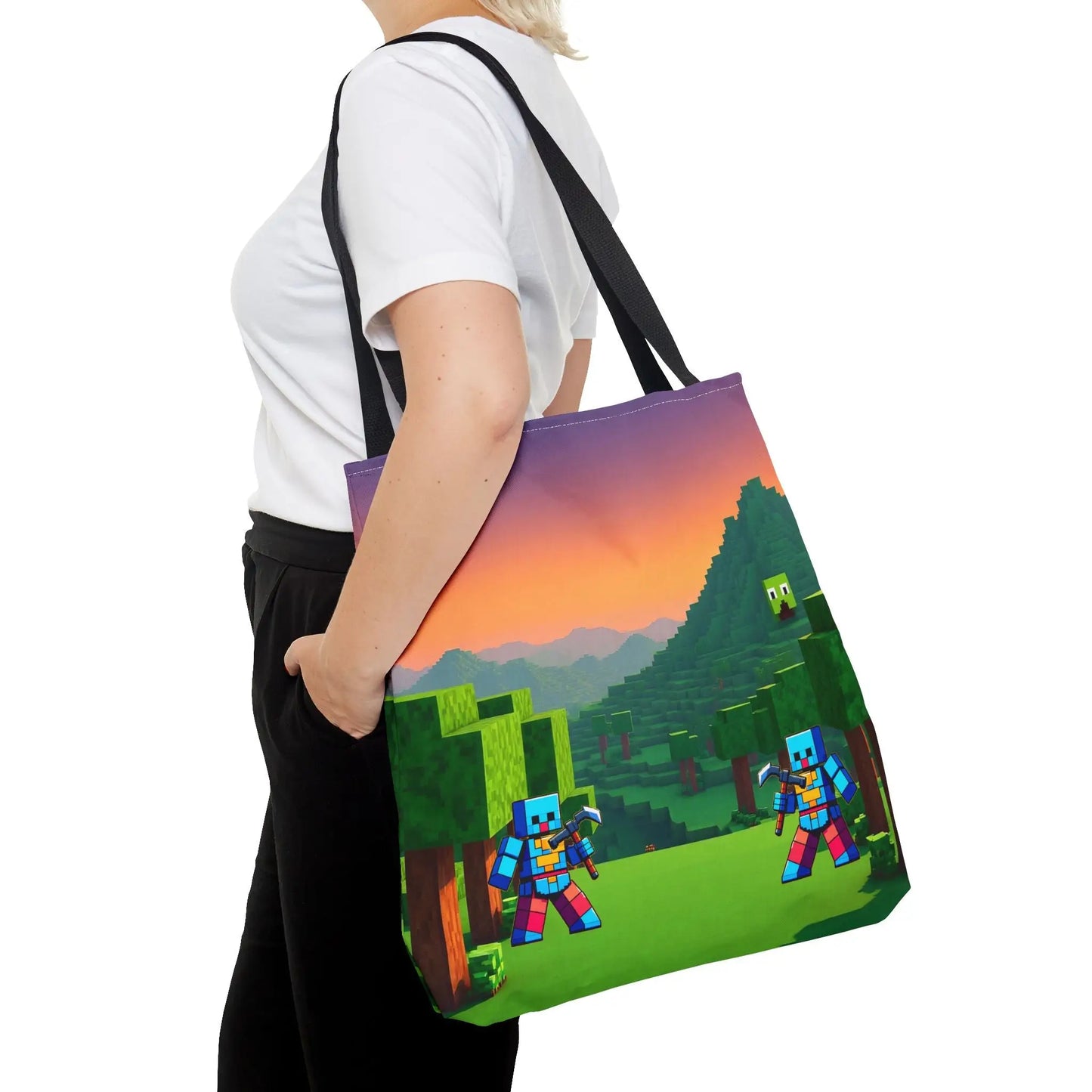 A vibrant minecraft inspired blocks tote bag for kids featuring pixelated characters and black straps perfect for school or gaming