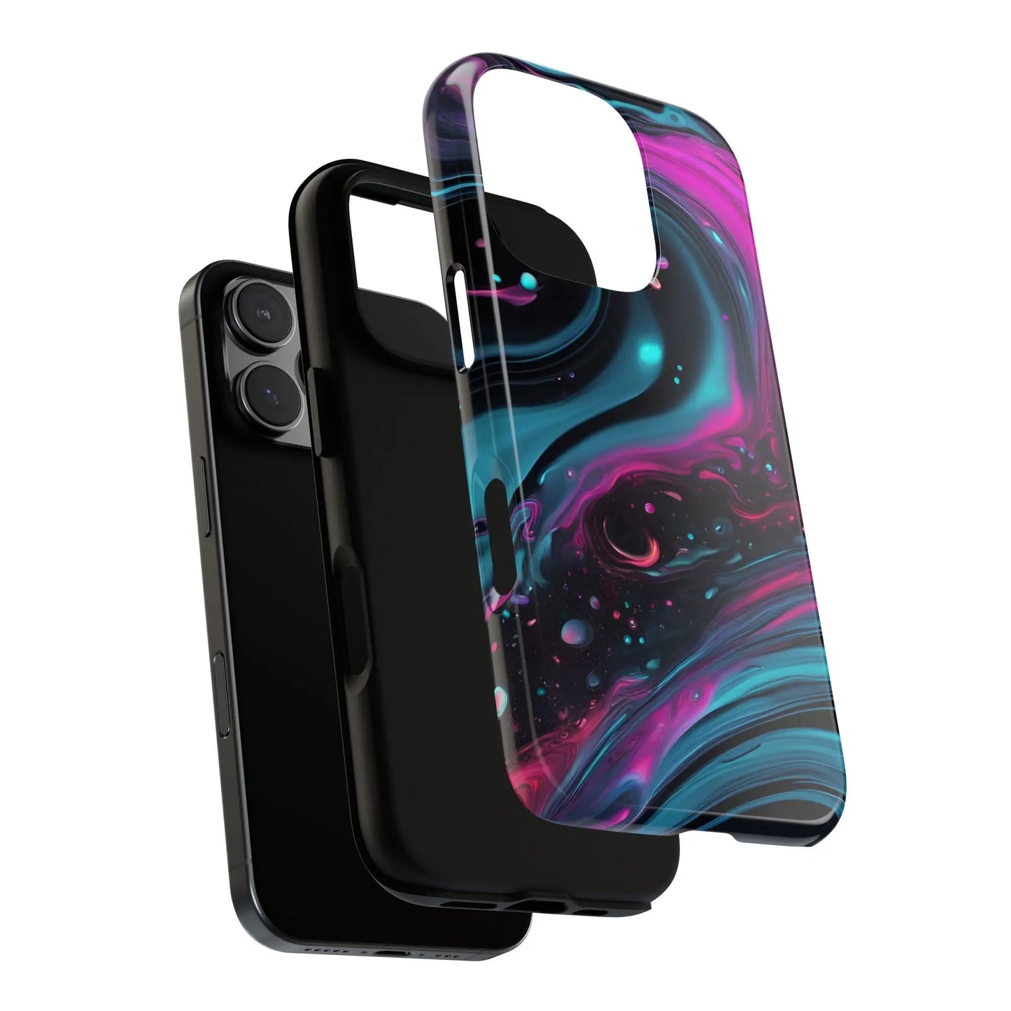 Bold galaxy phone case with vibrant teal magenta and black cosmic swirl design for protective galaxy phone cover