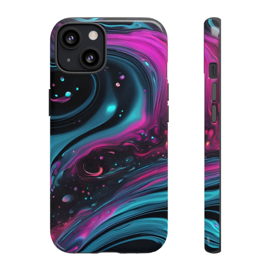 Bold galaxy phone case showing the back with vibrant magenta teal and black abstract cosmic swirl design for galaxy phone
