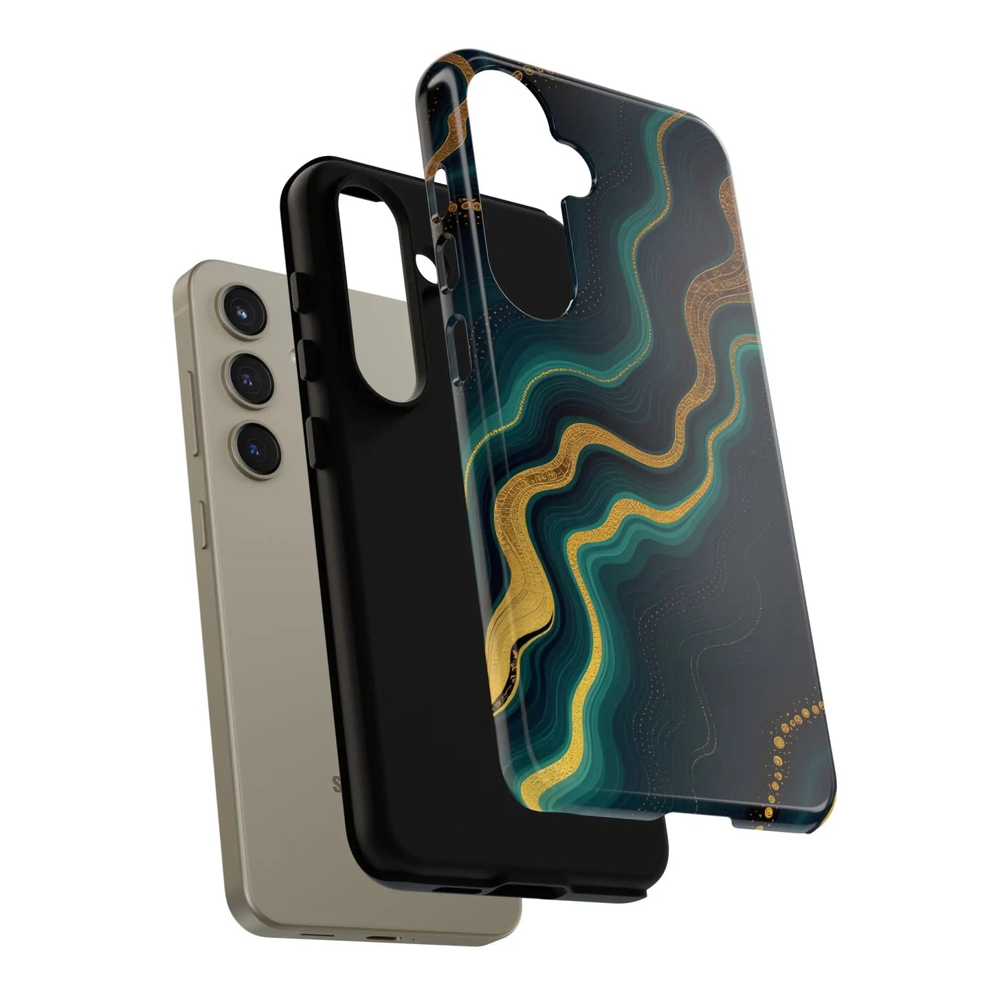 Elegant geode phone protector with glossy teal and gold swirling patterns on black back side for stylish phone protection
