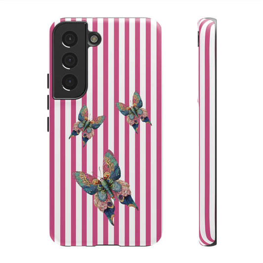 Back side of a vibrant floral butterfly pink stripe phone case with three multicolored intricately designed butterflies