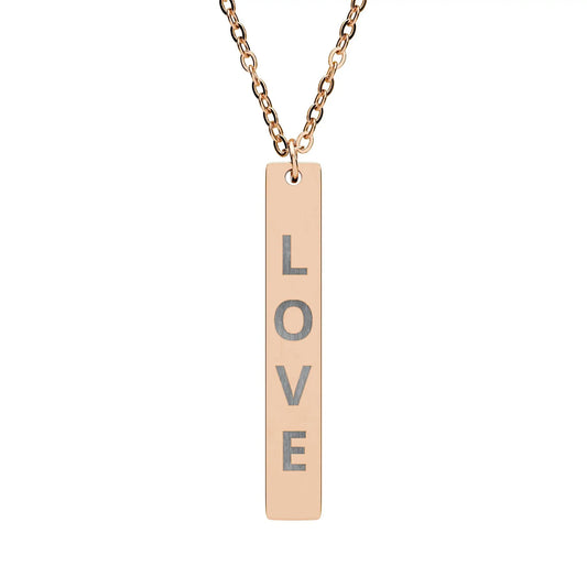 Rose gold love vertical bar necklace with engraved pendant in sleek modern font for everyday wear