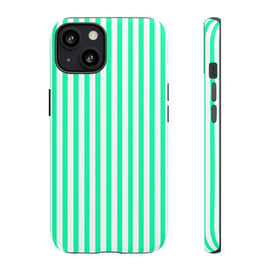 Back view of a tough iphone 13 case with bold mint green vertical stripe design and crisp white accents