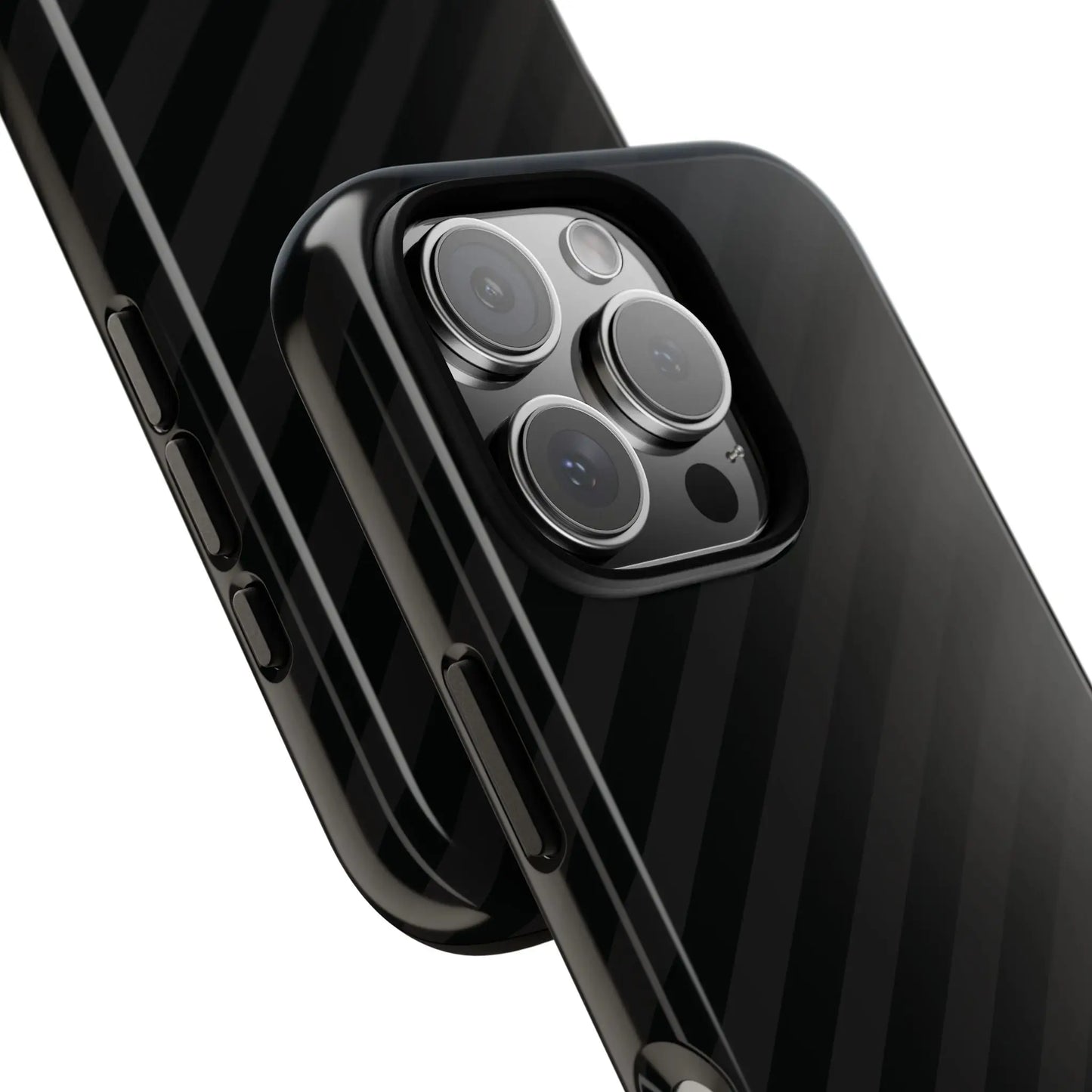 Black carbon fiber textured phone case with a sleek glossy finish and black diagonal pattern tough design back side view