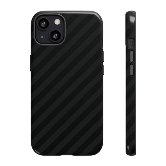 Back side of a black carbon fiber phone case for iphone 13 with black diagonal pattern tough gloss finish protective cover