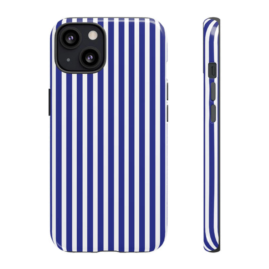 Back of a blue white striped tough phone case with a glossy hard shell design for protective phone cover use