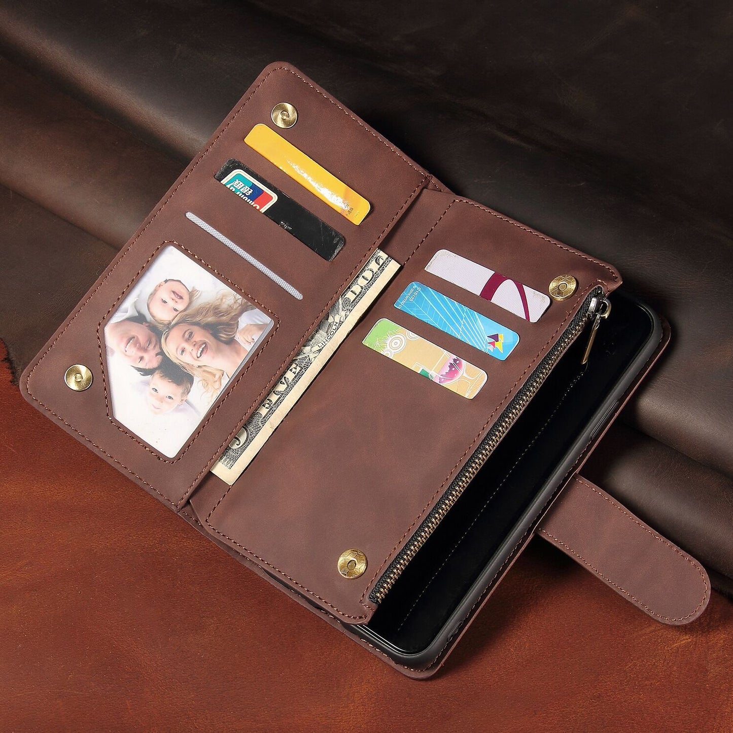 Phone Case Wallet Multi Card Zipper Bag Protective Shell