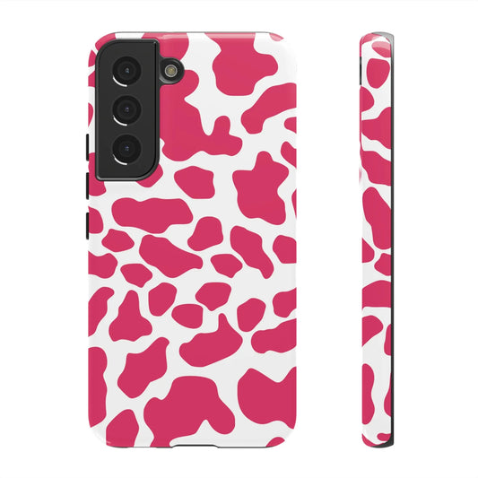 Pink cow print phone case cover for samsung galaxy s21 showing the back side with cute tough cases protection