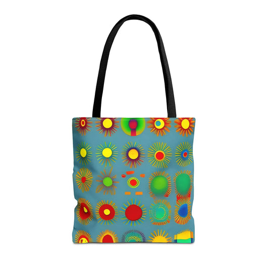 A vibrant blue sun pattern tote bag with colorful sunburst circles and black handles perfect for daily use