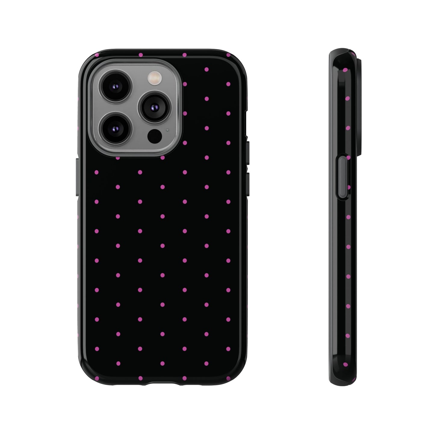 Phone Case, Elegant Pink Dot Black Tough Case for iPhone Samsung Google Pixel Phones, Protective Cover, Hard Shell, Stylish Accessories,