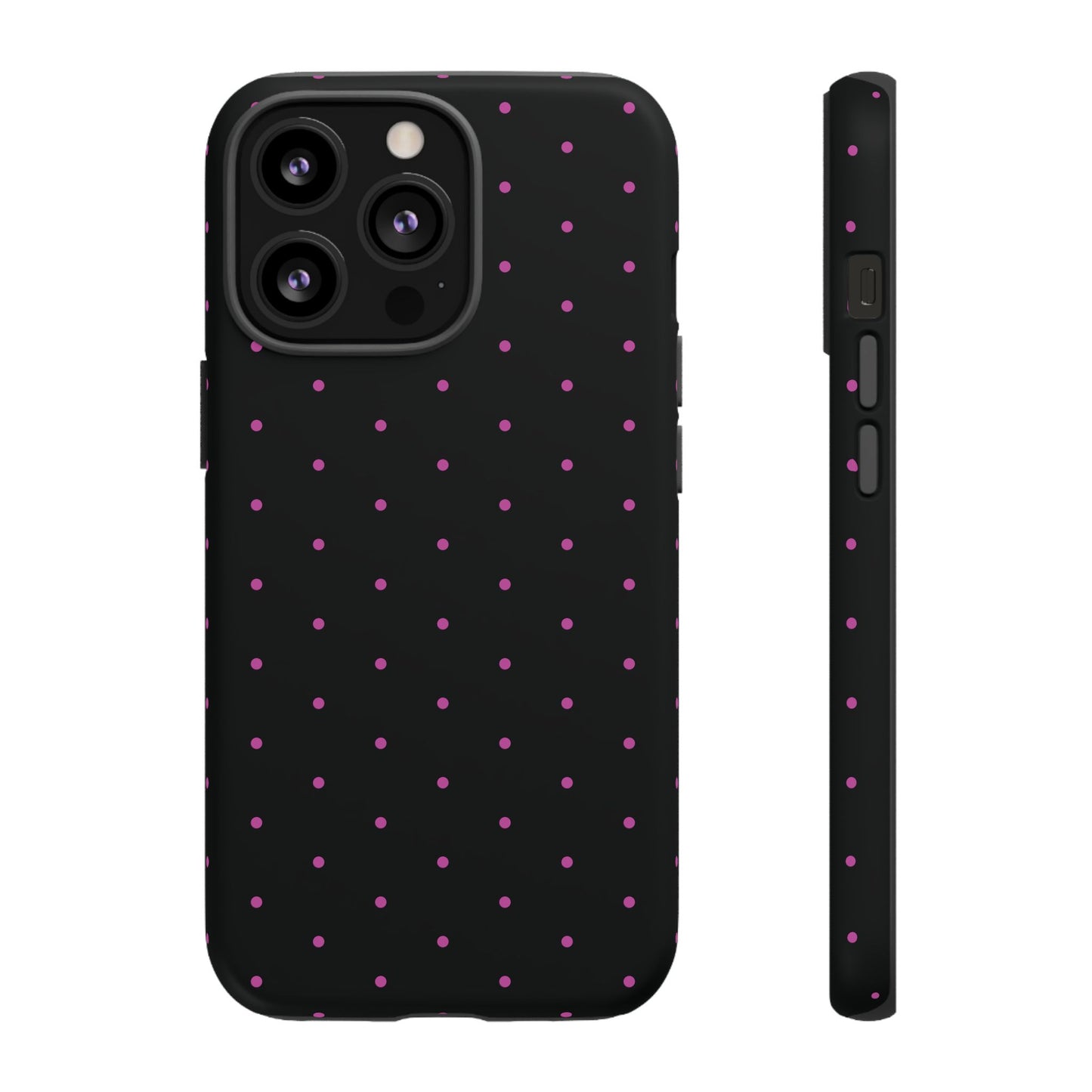 Phone Case, Elegant Pink Dot Black Tough Case for iPhone Samsung Google Pixel Phones, Protective Cover, Hard Shell, Stylish Accessories,