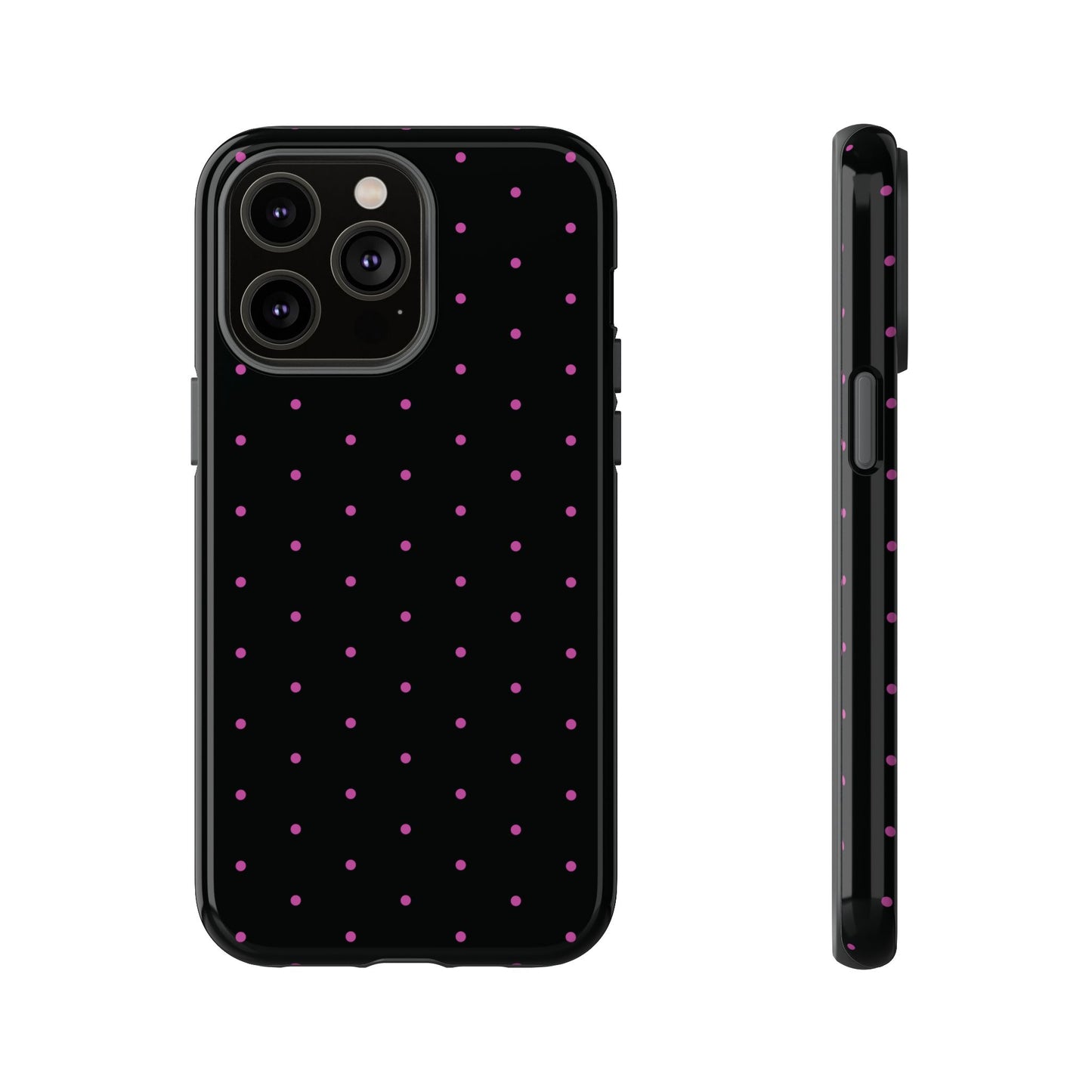 Phone Case, Elegant Pink Dot Black Tough Case for iPhone Samsung Google Pixel Phones, Protective Cover, Hard Shell, Stylish Accessories,