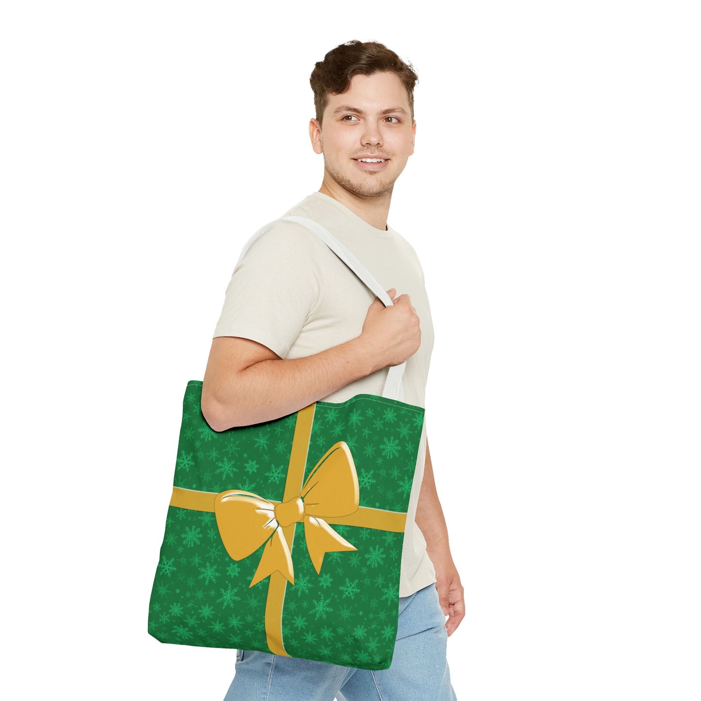 Green Christmas Tote Bag - Festive Holiday Shopping Carryall, Gold Bow, Eco-Friendly Reusable Grocery Bag