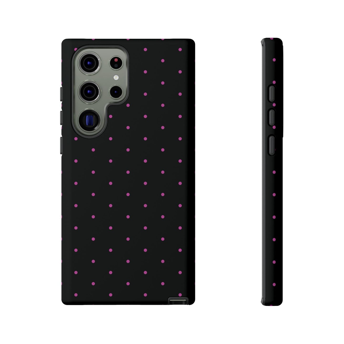 Phone Case, Elegant Pink Dot Black Tough Case for iPhone Samsung Google Pixel Phones, Protective Cover, Hard Shell, Stylish Accessories,