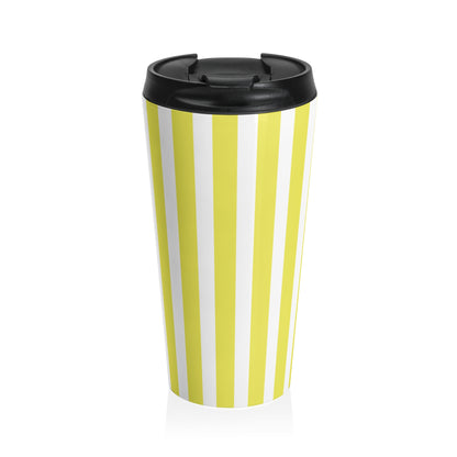 Vintage Bright Yellow Striped Stainless Steel Travel Mug, Retro Insulated Coffee Cup, Reusable Tea Tumbler Gift