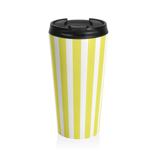 Vintage Bright Yellow Striped Stainless Steel Travel Mug, Retro Insulated Coffee Cup, Reusable Tea Tumbler Gift