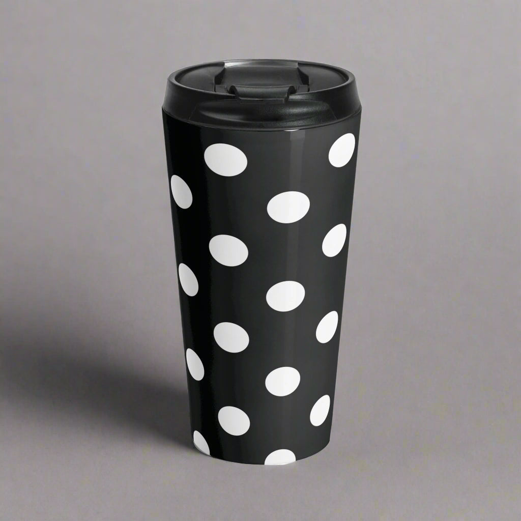 Black and White Polka Dot Stainless Steel Travel Mug, Eco-Friendly, Large Drink Tumbler.