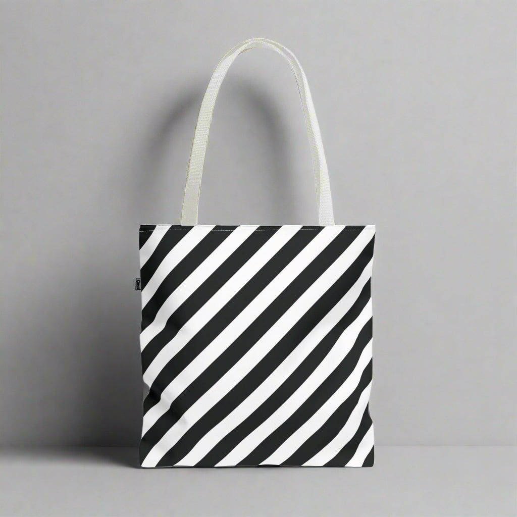 Black and White Diagonal Striped Tote Bag