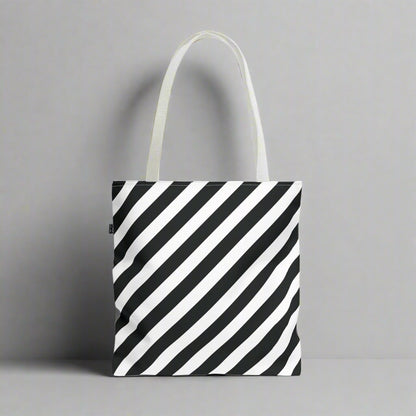 Black and White Diagonal Striped Tote Bag