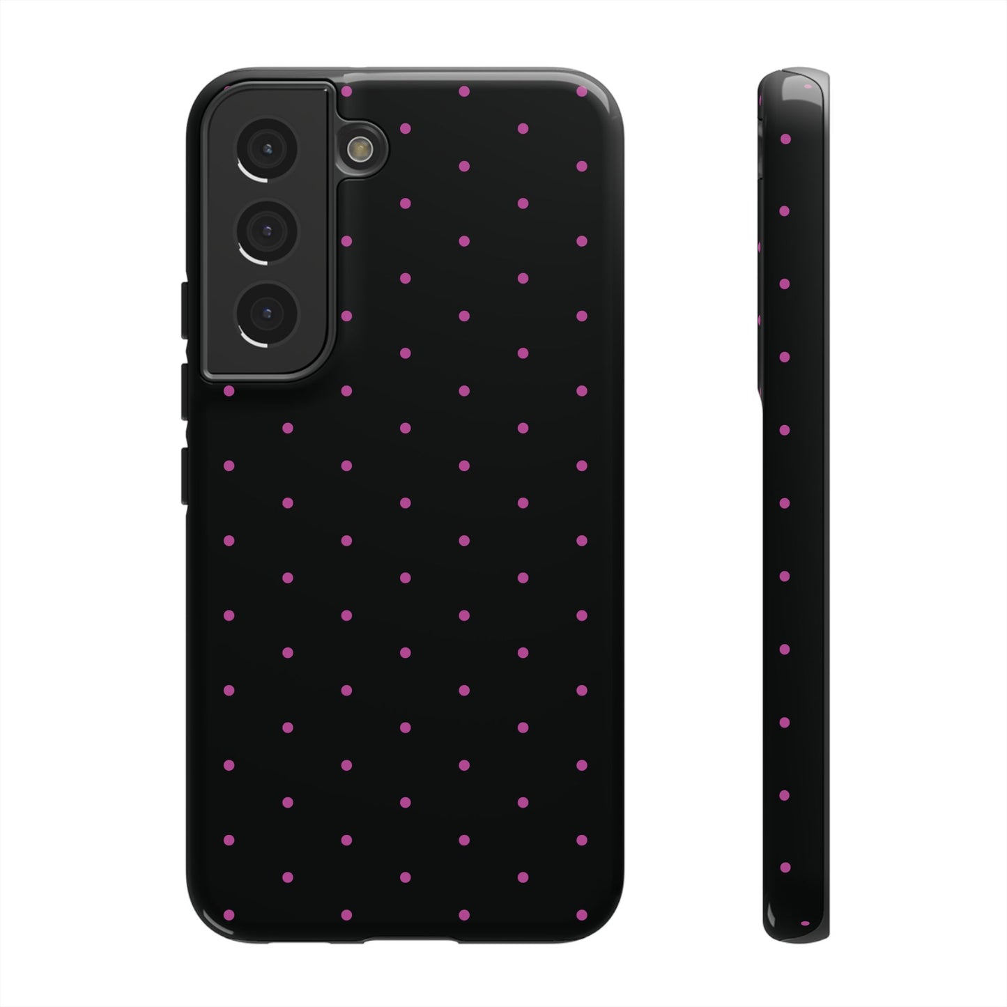 Phone Case, Elegant Pink Dot Black Tough Case for iPhone Samsung Google Pixel Phones, Protective Cover, Hard Shell, Stylish Accessories,