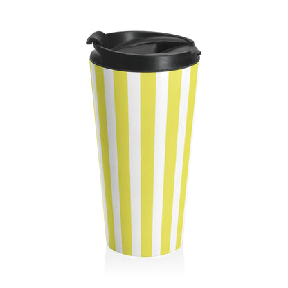 Vintage Bright Yellow Striped Stainless Steel Travel Mug, Retro Insulated Coffee Cup, Reusable Tea Tumbler Gift