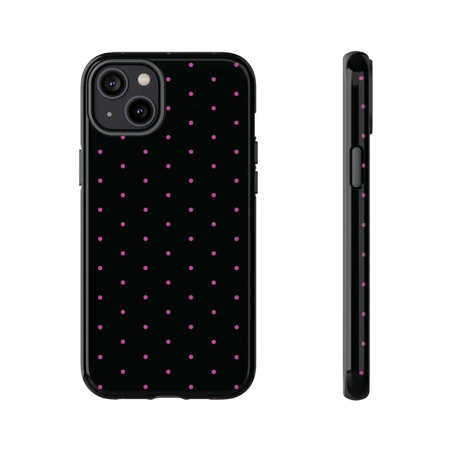 Phone Case, Elegant Pink Dot Black Tough Case for iPhone Samsung Google Pixel Phones, Protective Cover, Hard Shell, Stylish Accessories,