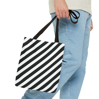 Black and White Diagonal Striped Tote Bag