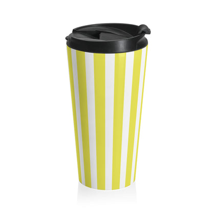 Vintage Bright Yellow Striped Stainless Steel Travel Mug, Retro Insulated Coffee Cup, Reusable Tea Tumbler Gift