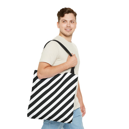 Black and White Diagonal Striped Tote Bag