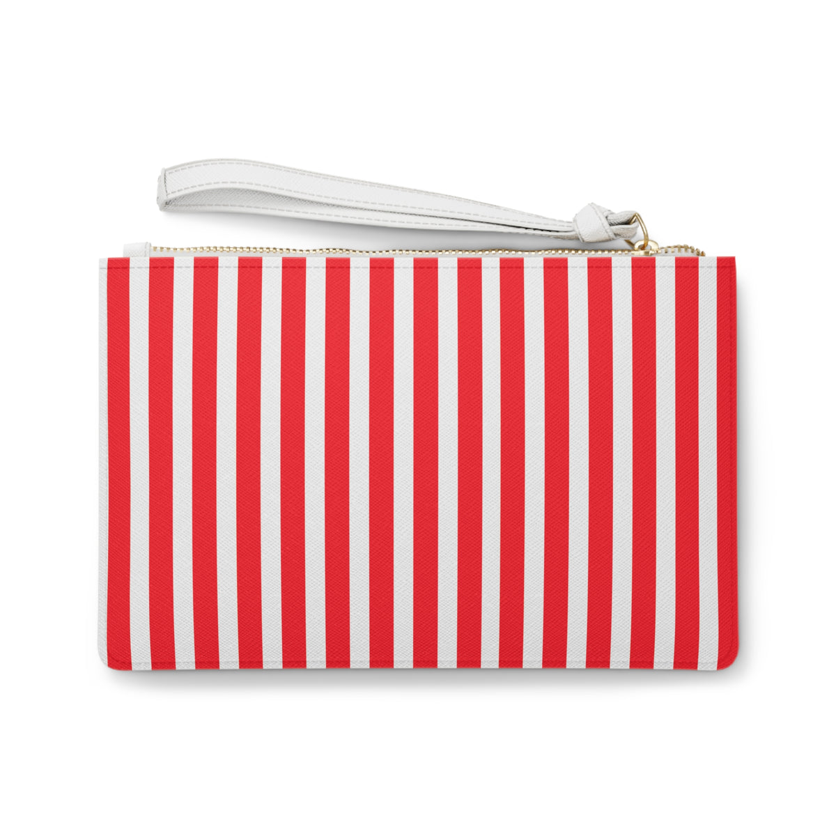 Red and white vertical stripe clutch bag with white leather strap and gold zipper nautical summer wristlet