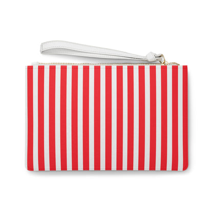 Red and white vertical stripe clutch bag with white leather strap and gold zipper nautical summer wristlet