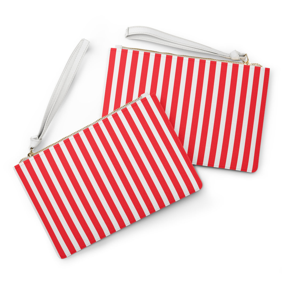 Red and white vertical stripe clutch bag with gold zipper and white strap perfect as a nautical summer wristlet