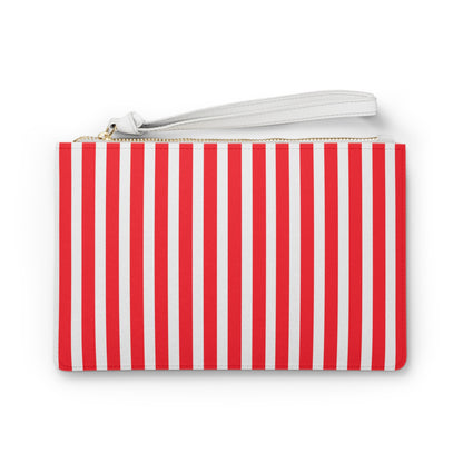Red and white vertical stripe clutch bag with gold zipper and white leather strap perfect as a nautical summer wristlet