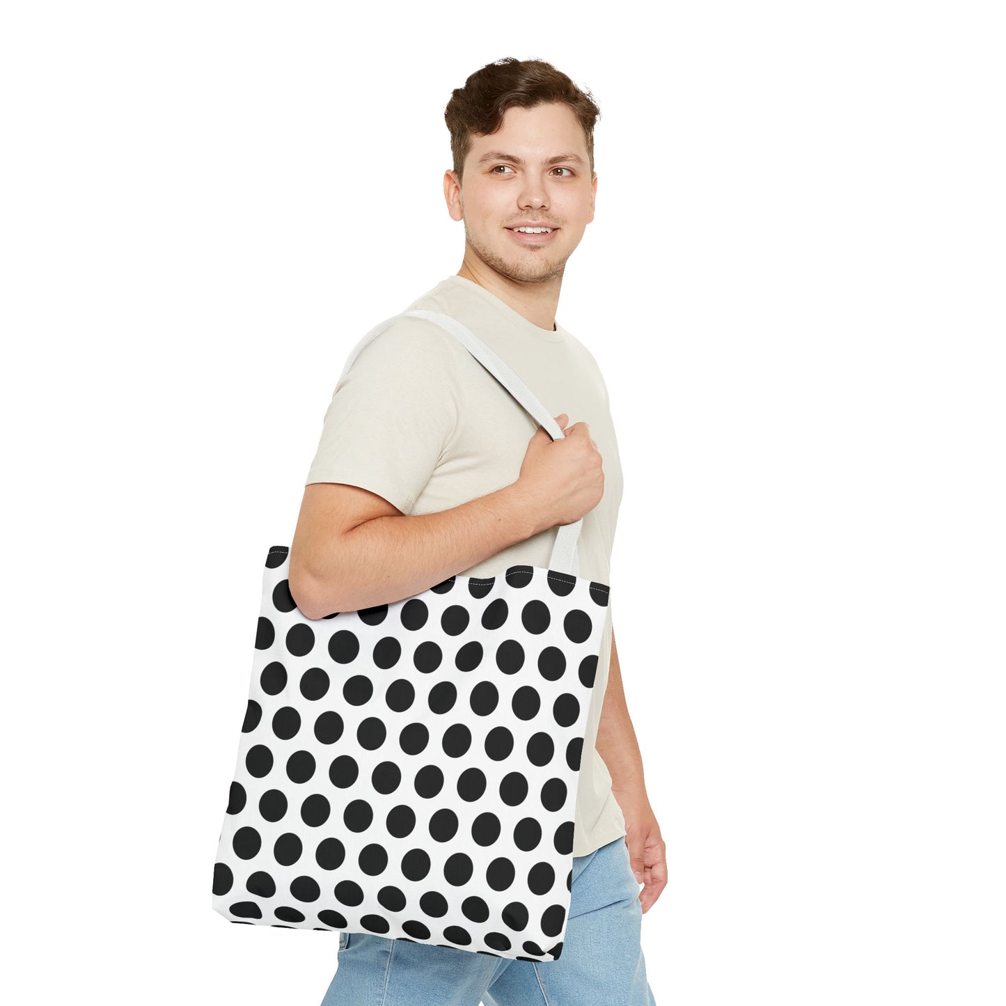 Polka Dot Tote Bag, Black and White, 18x18, All Over Print, Reusable Shopping Bag, Eco-Friendly