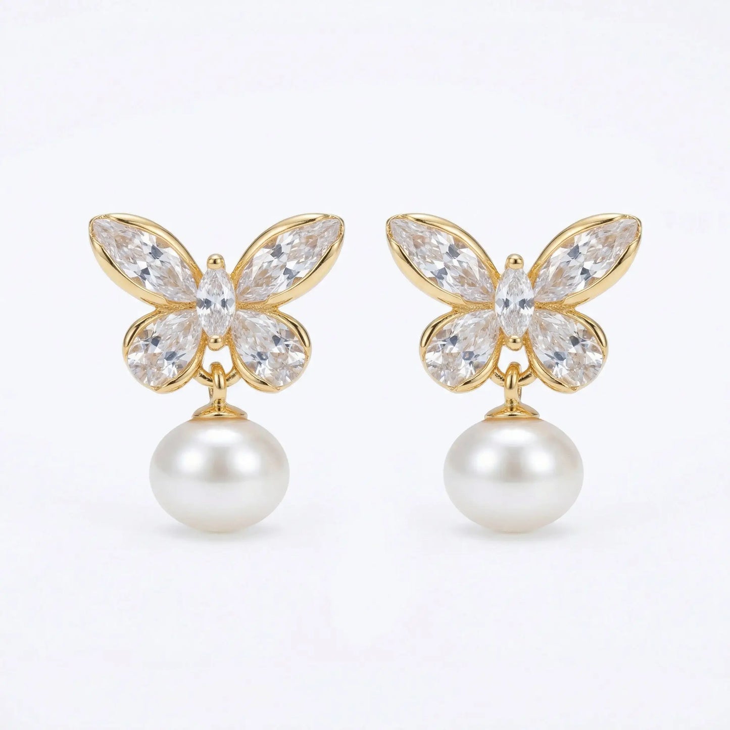 925 sterling silver pearl drop earrings with gold elegant crystal butterfly and clear marquise-cut crystals