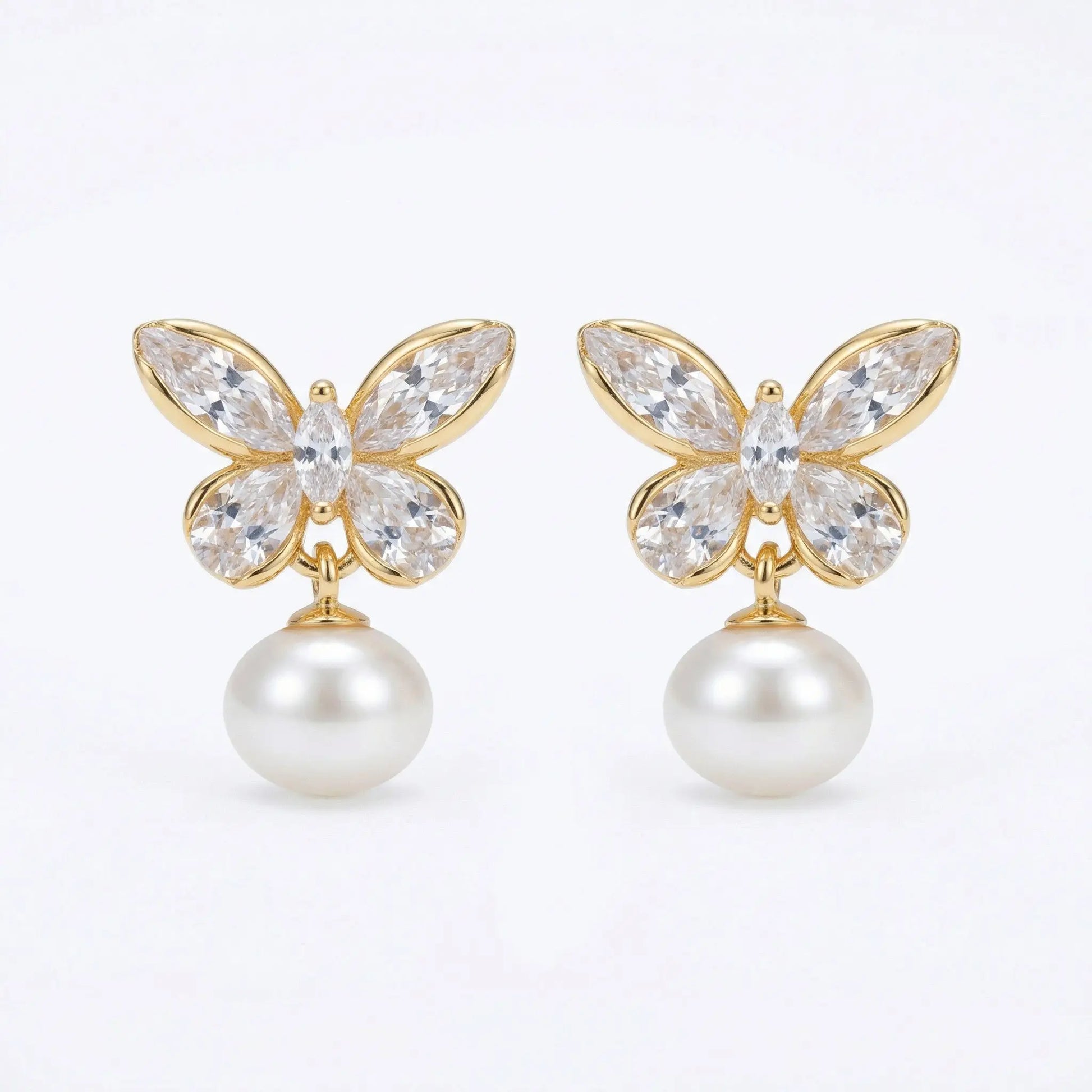 925 sterling silver pearl drop earrings with gold elegant crystal butterfly and clear marquise-cut crystals