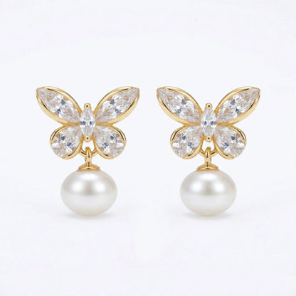 925 sterling silver pearl drop earrings with gold elegant crystal butterfly and clear marquise-cut crystals