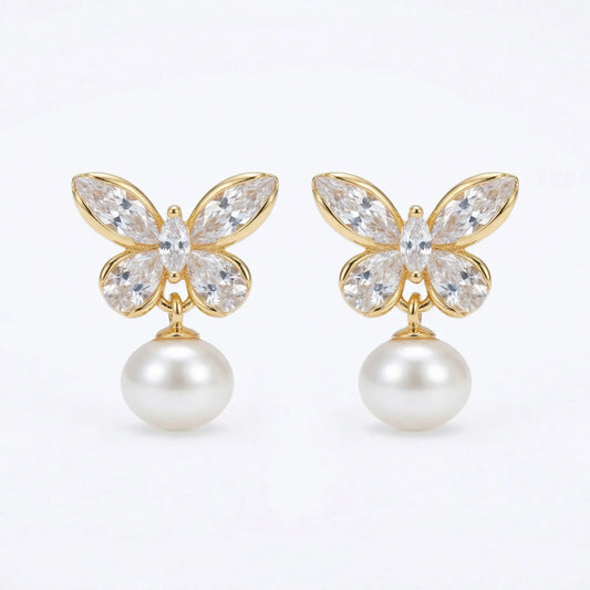 925 Sterling Silver Elegant Crystal Butterfly and Lustrous Pearl Drop Earrings