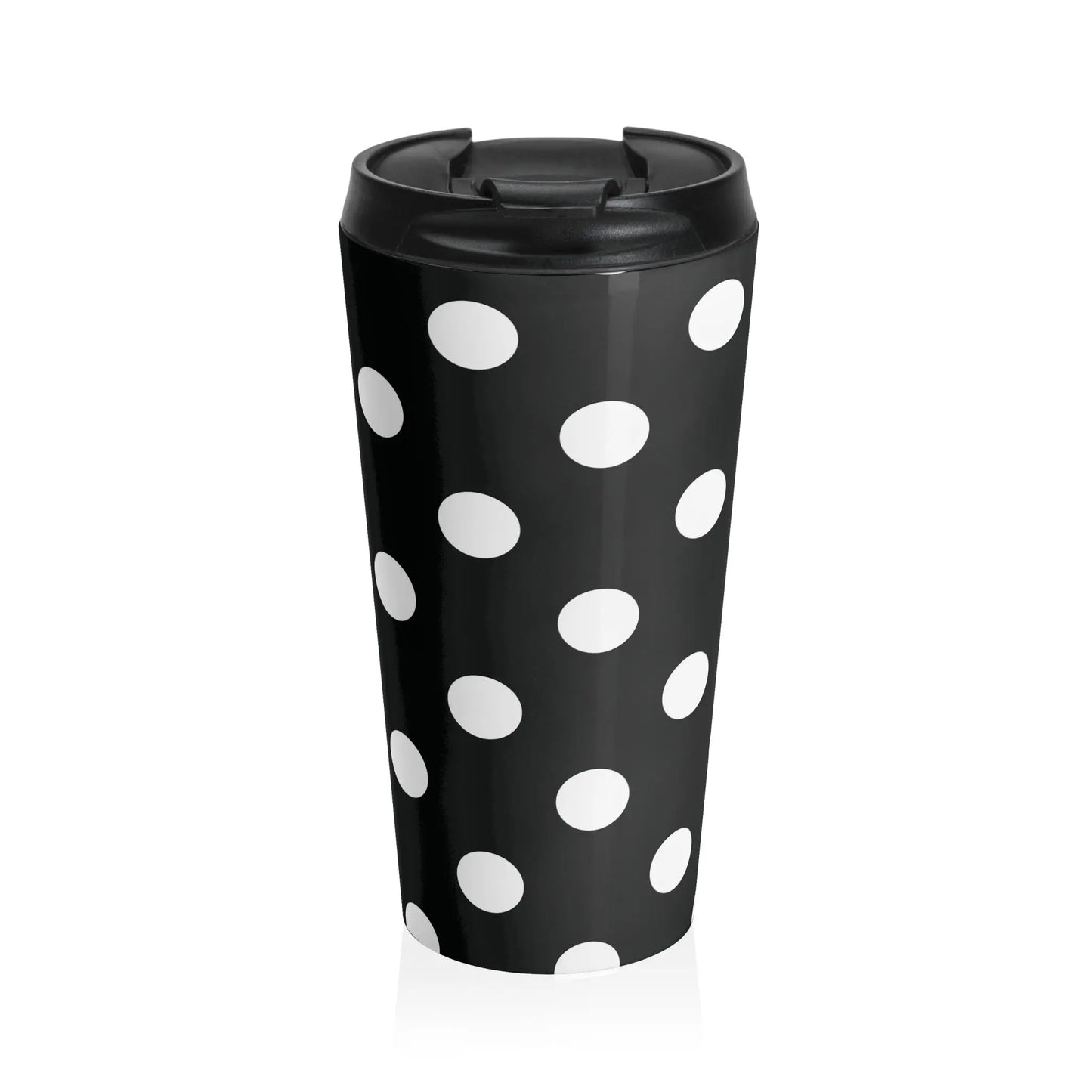 Black and white polka dot stainless steel travel mug with eco-friendly large drink tumbler and black lid