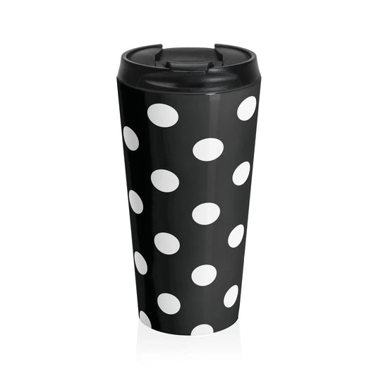 Black and white polka dot stainless steel travel mug with eco-friendly large drink tumbler and black lid