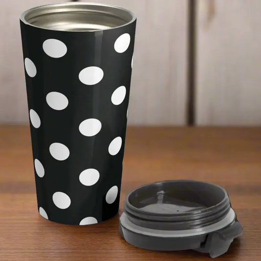 Black and white polka dot stainless steel travel mug with insulated design and gray lid eco friendly large tumbler