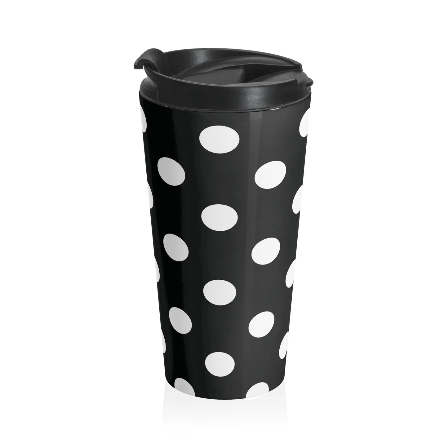 Black and white polka dot stainless steel travel mug with eco-friendly large drink tumbler and black lid