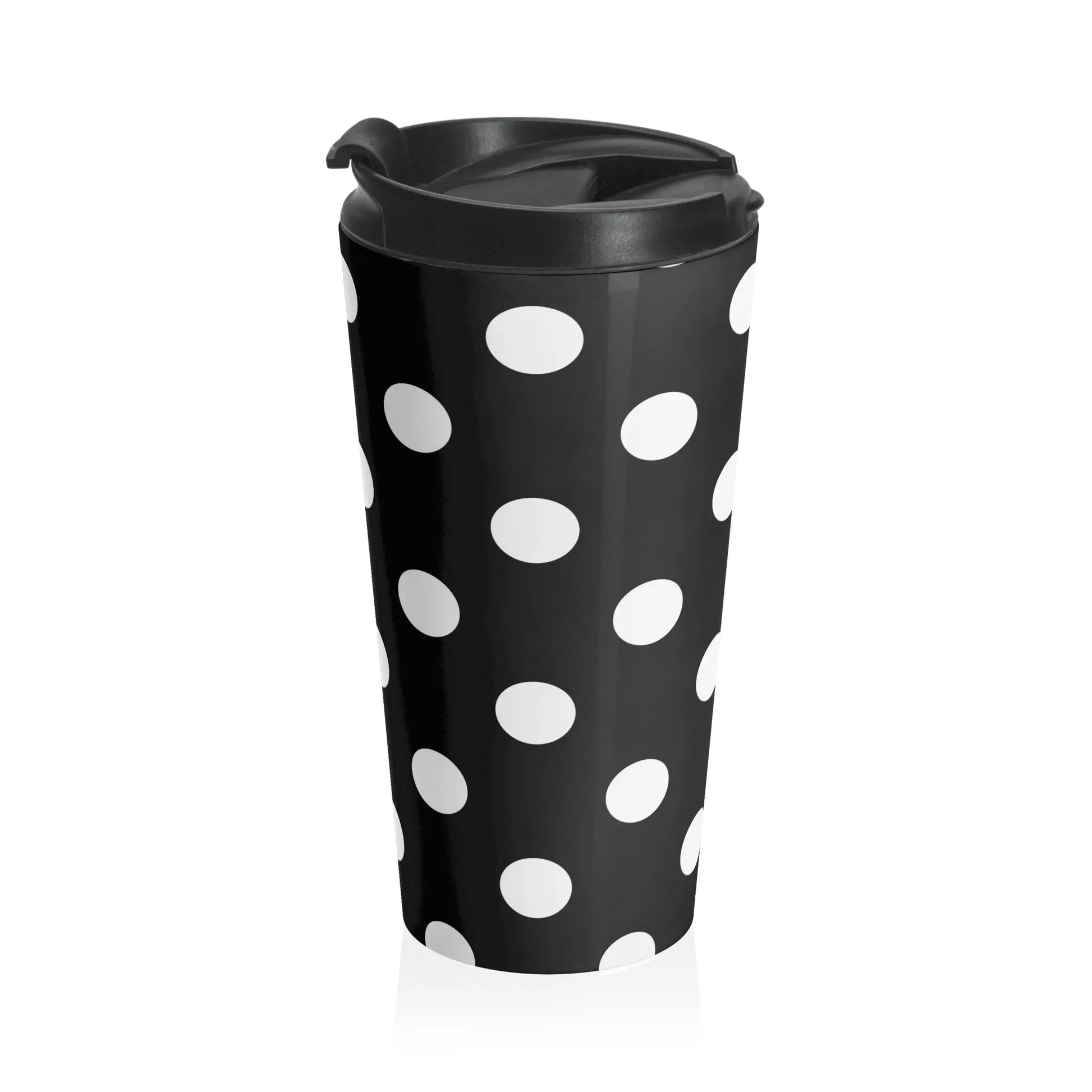 Black and white polka dot stainless steel travel mug with eco-friendly large drink tumbler and black lid