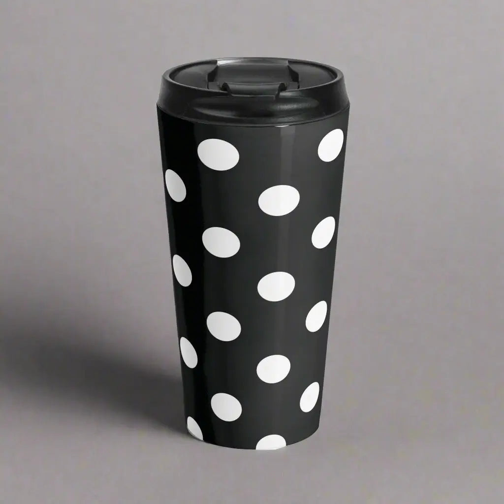 Black and white polka dot stainless steel travel mug with eco-friendly design and black lid for large drinks